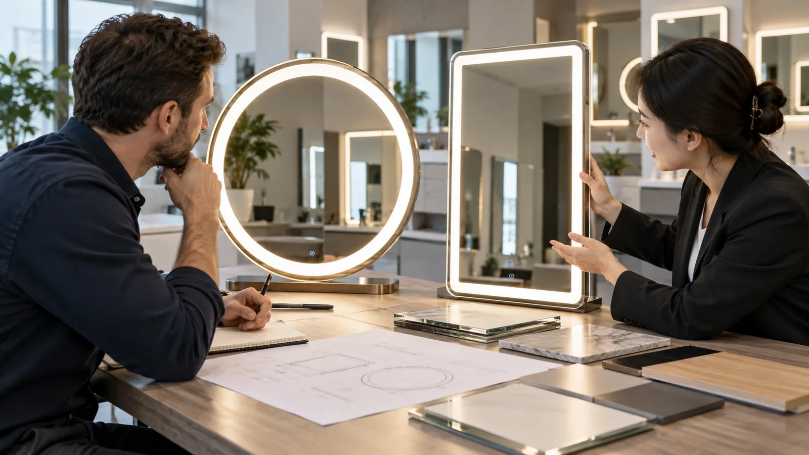 Käufer und Lieferantenvertreter diskutieren LED-Spiegelproben in einem Showroom