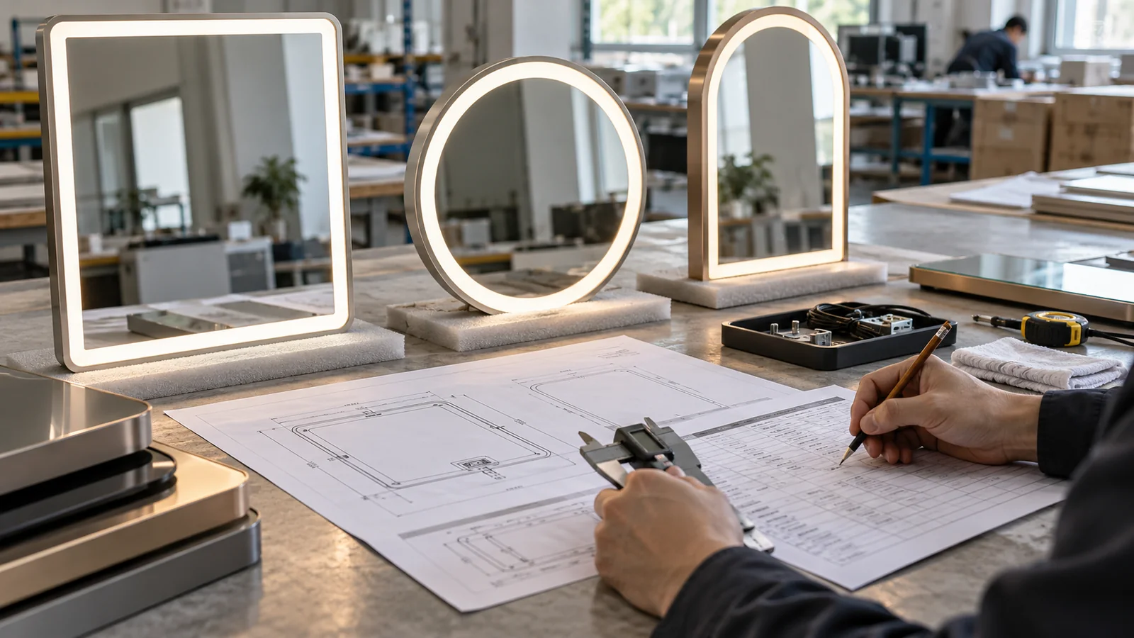 مشتري يراجع عينات مرايا LED والرسومات الفنية