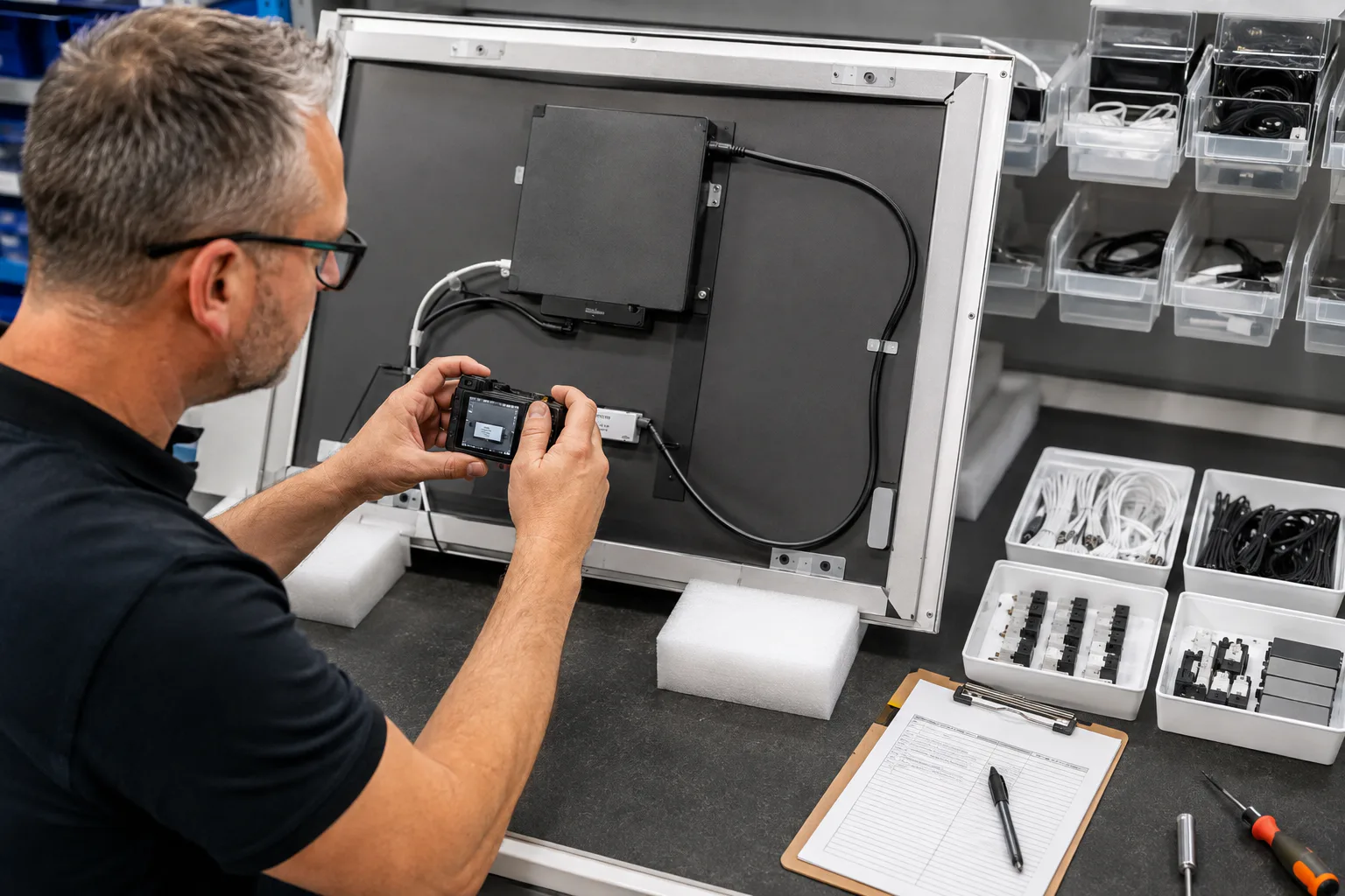 Service technician recording an LED mirror identification label and rear components