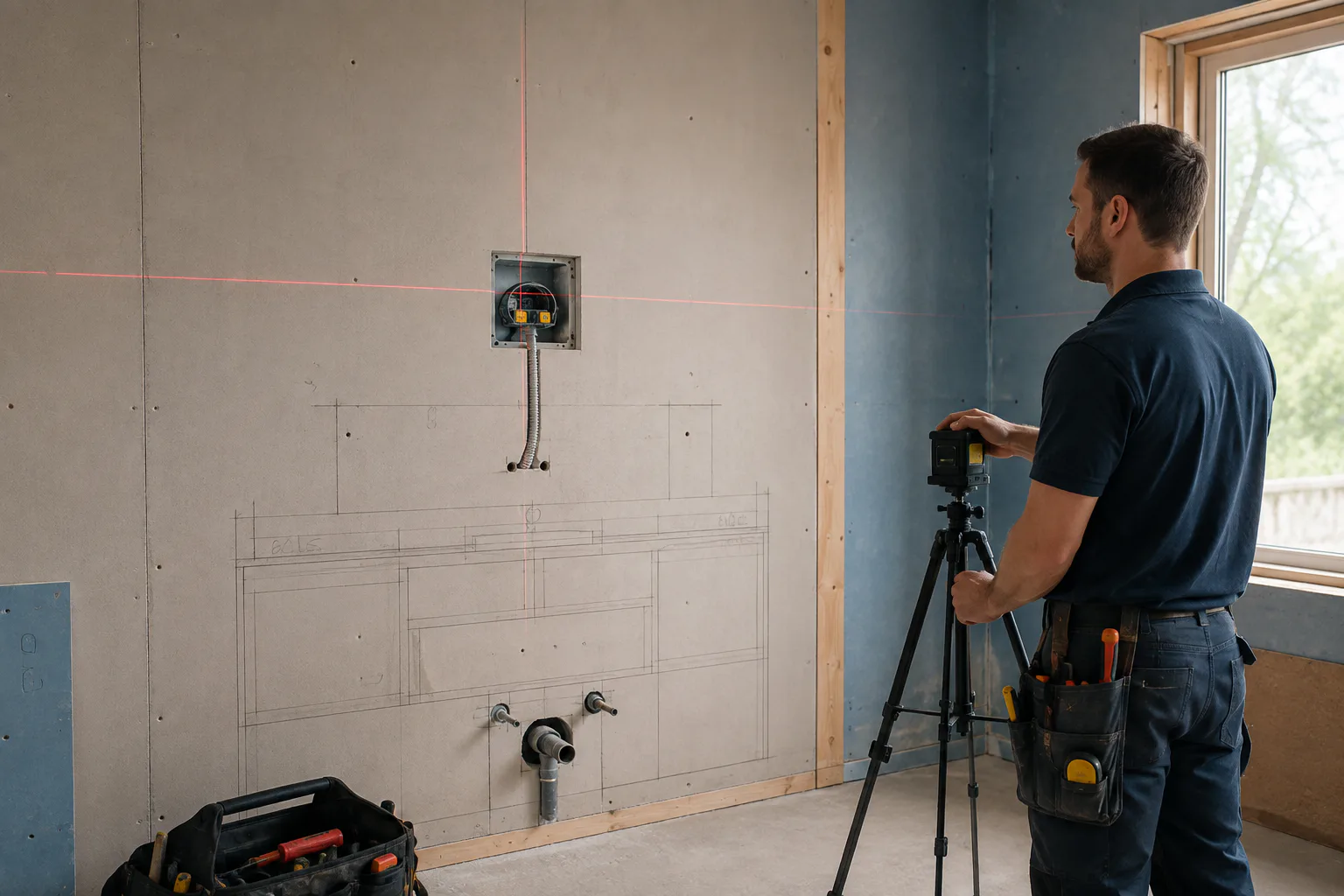 Electrician setting out the power point and vanity position for an LED bathroom mirror