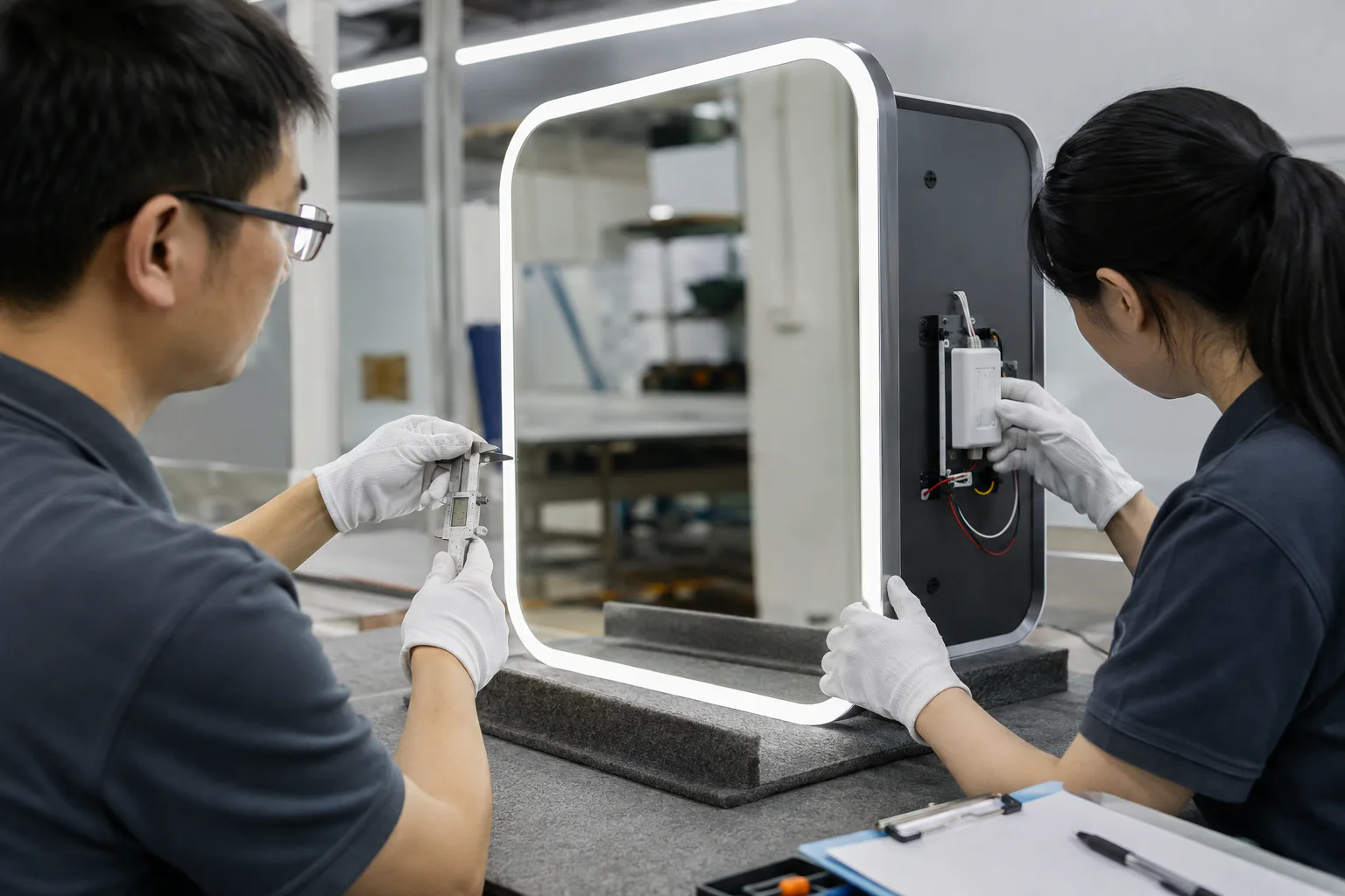 Quality inspectors checking the rear hardware and edge finish of an LED mirror sample