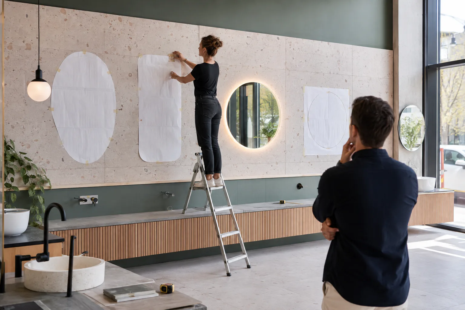 Showroom team setting out round, oval and pill mirror positions on a demonstration wall