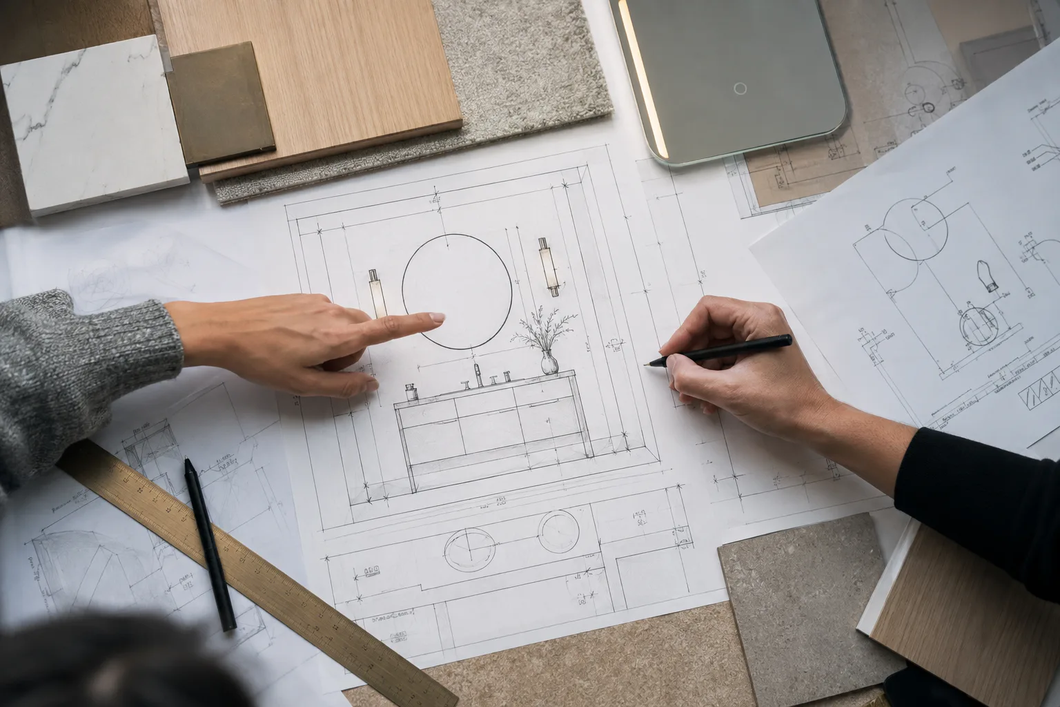 Architect and procurement colleague preparing dimensions for an LED mirror specification sheet