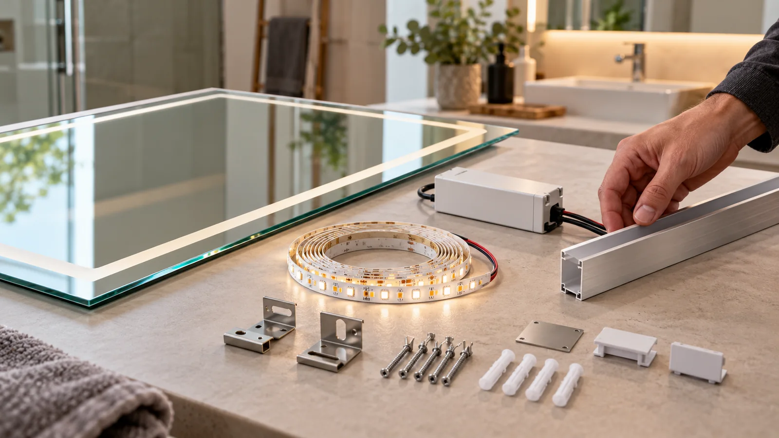 LED Spiegelglas, Treiber, Leuchtstreifen, Rahmen und Montageteile, die zum Vergleich angeordnet sind