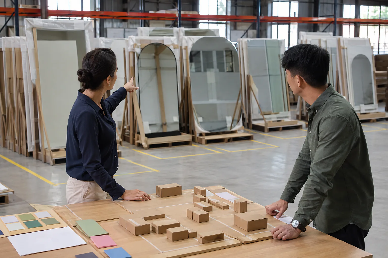 Wholesale buyer and warehouse planner mapping a mixed order beside protected mirror samples