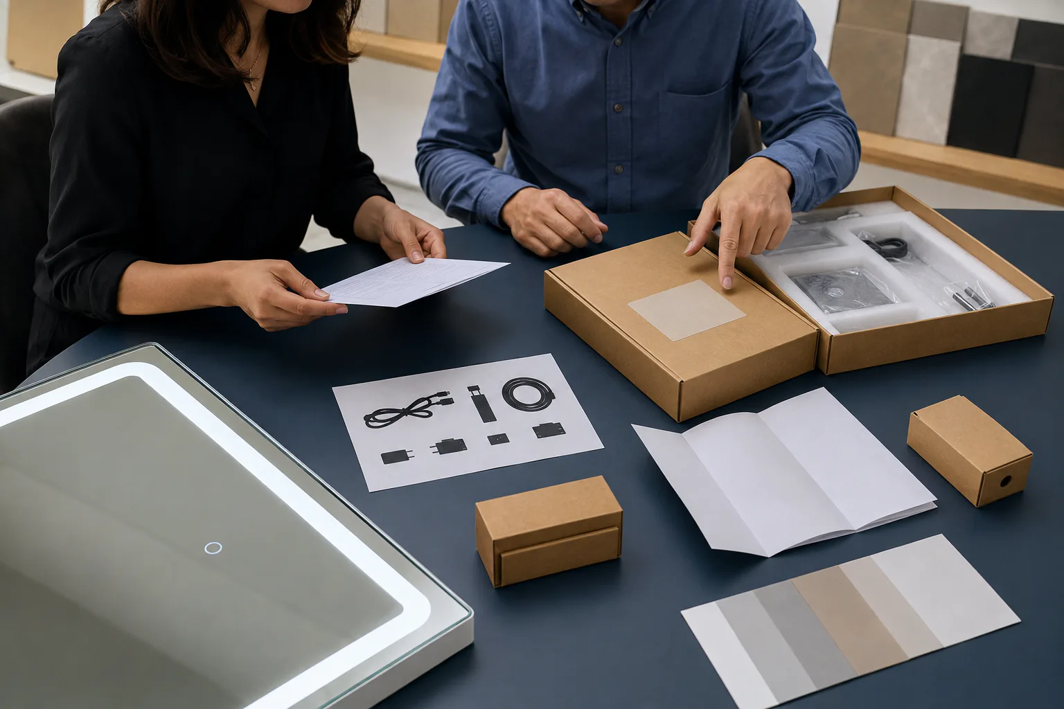 Buyer and packaging engineer reviewing unbranded carton and instruction leaflet mock-ups