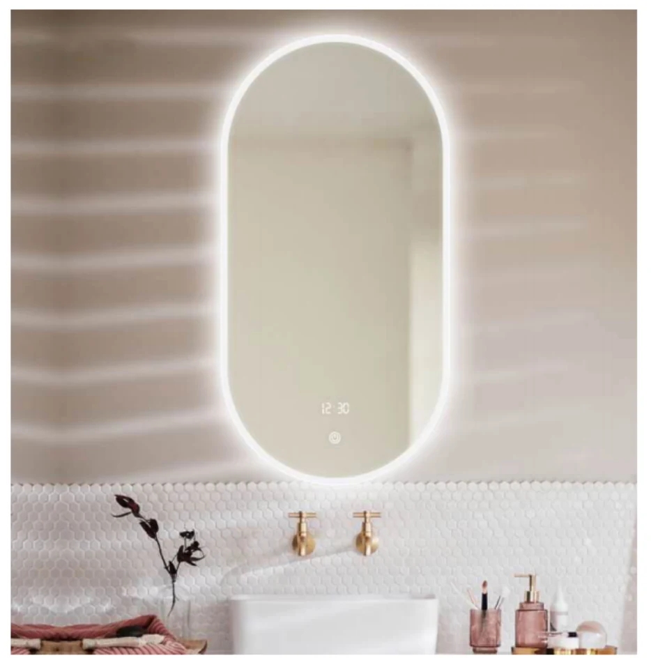 MK955 pill / racetrack LED bathroom mirror with backlit design