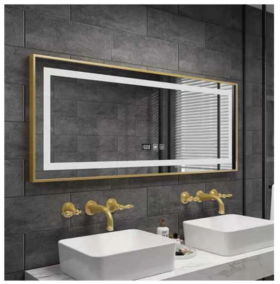 Aluminum frame rectangular LED bathroom mirror with gold finish
